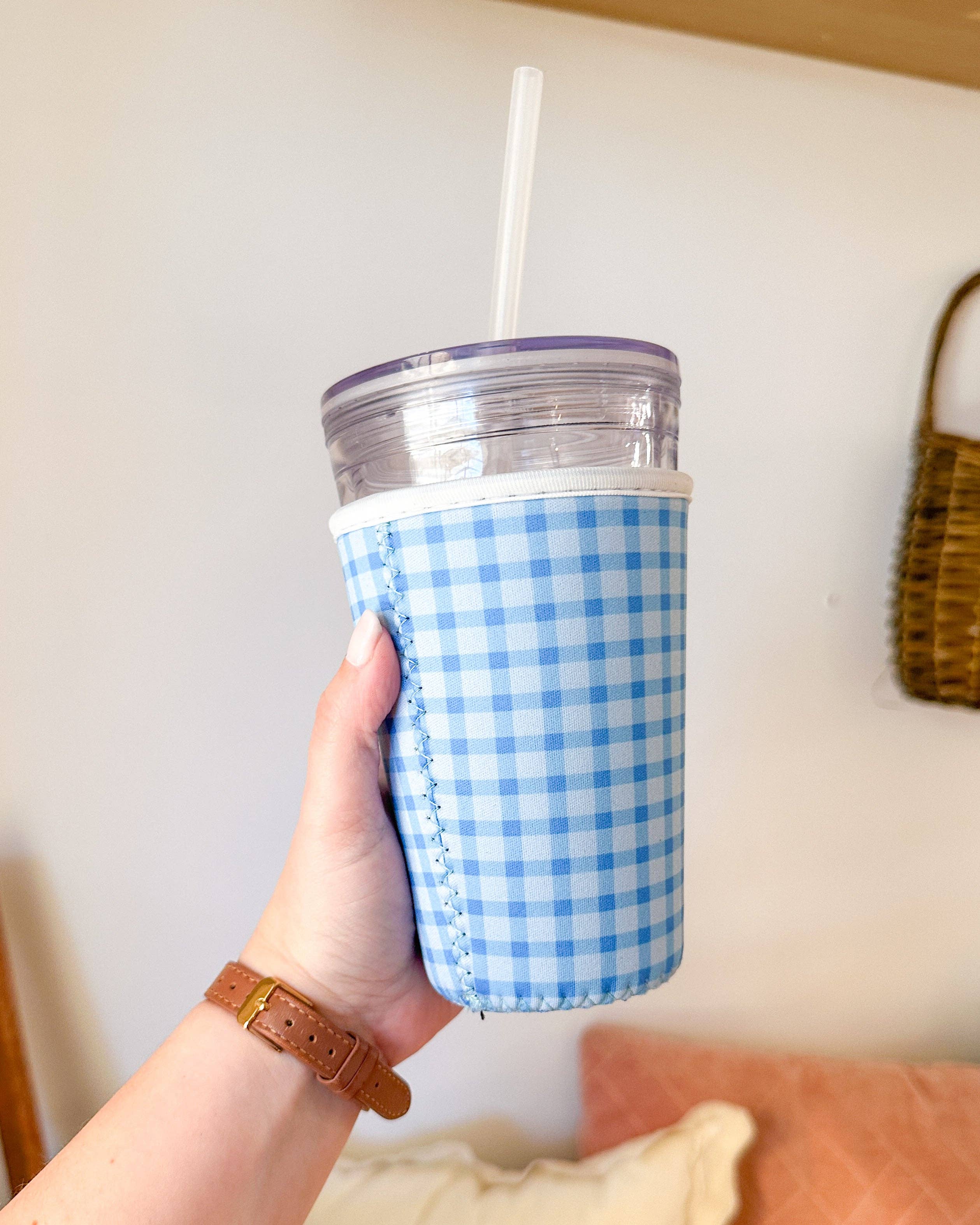 Blue Gingham | Reusable Coffee Sleeve: Small