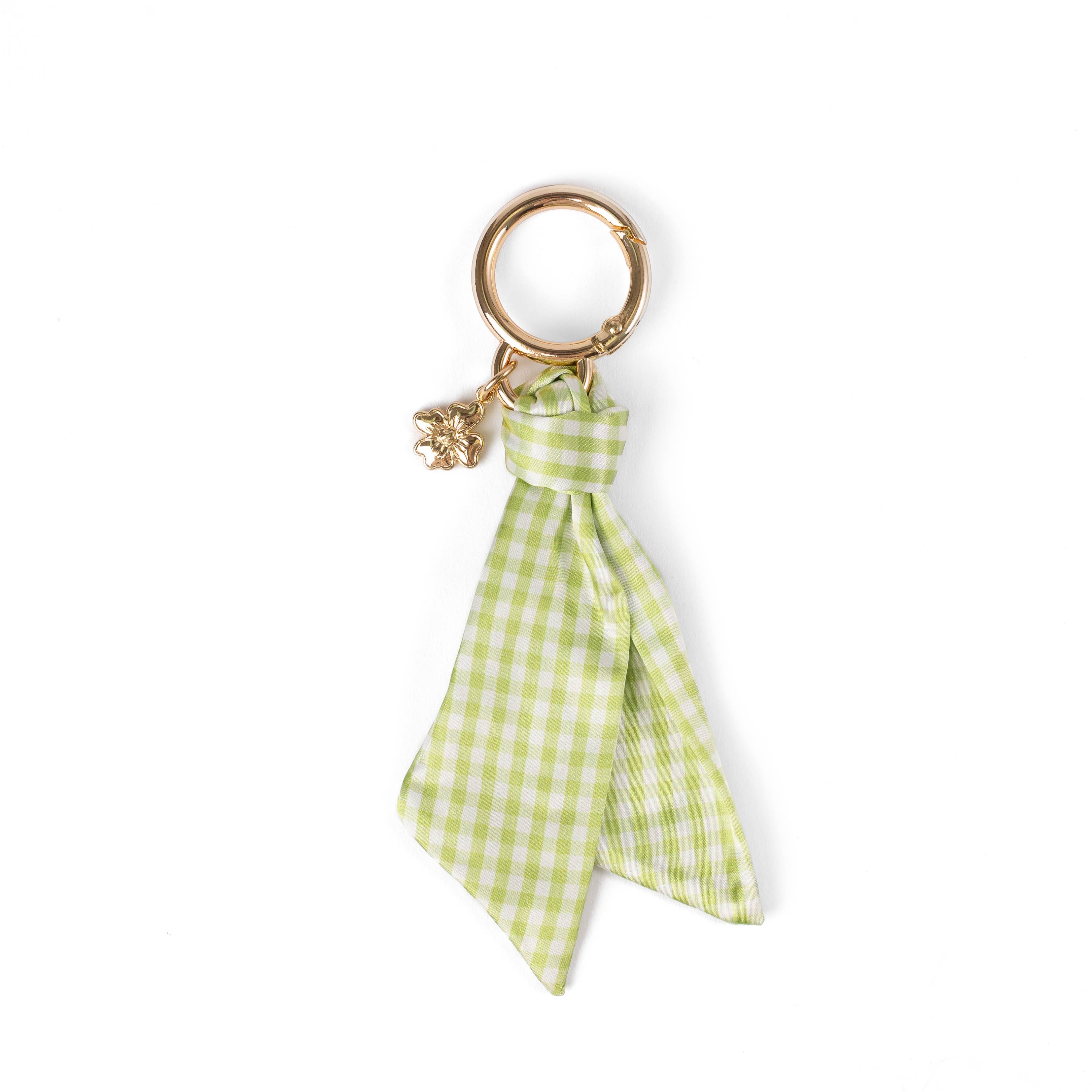 Floral Satin Keychain: Green Gingham